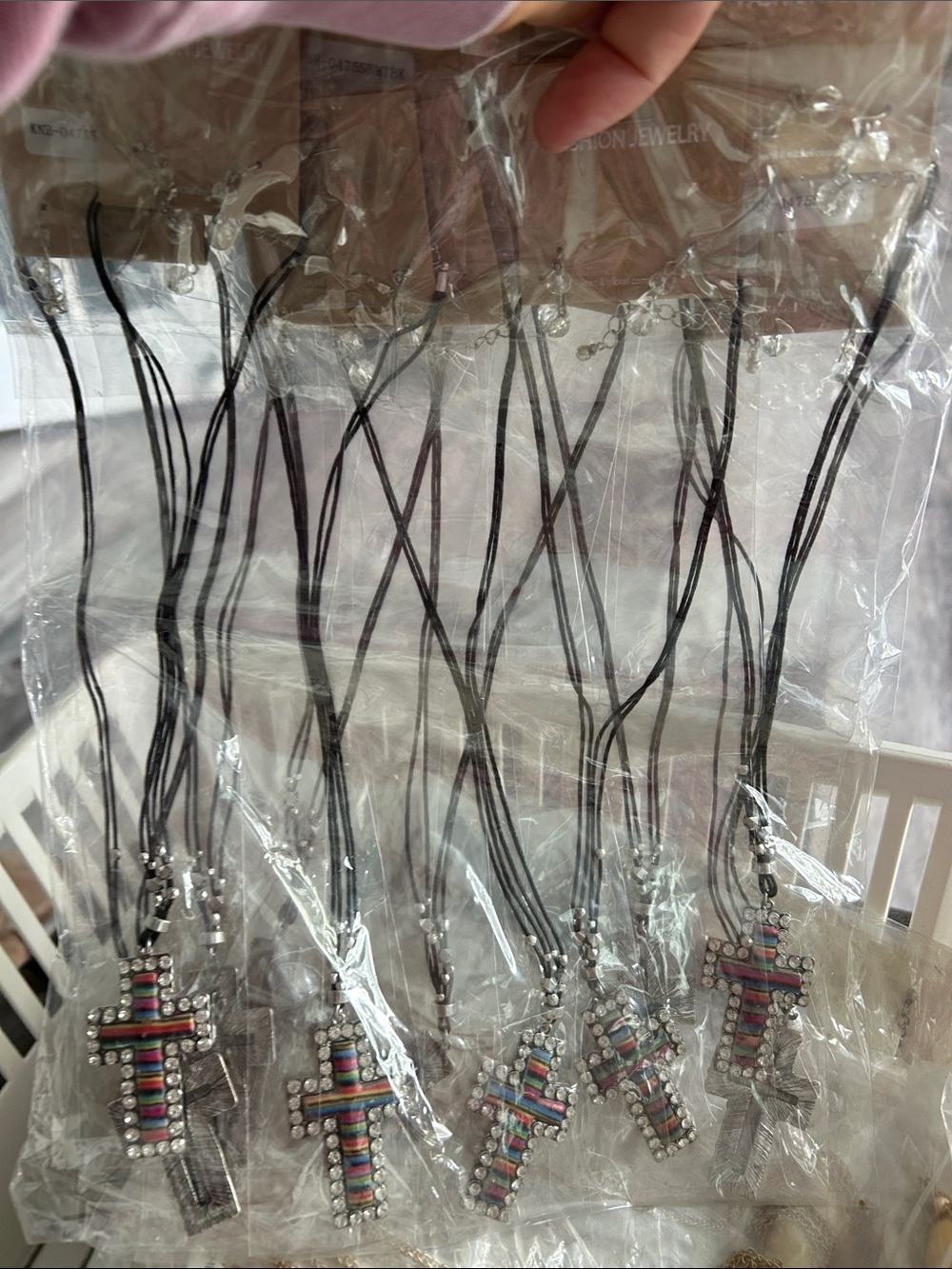 4/$50 Multicolor Beaded Cross Pendant Necklace on Black Cord (Set)